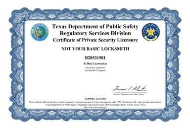 Texas DPS Certificate of Private Security Licensure #B28531501 — Not Your Basic Locksmith